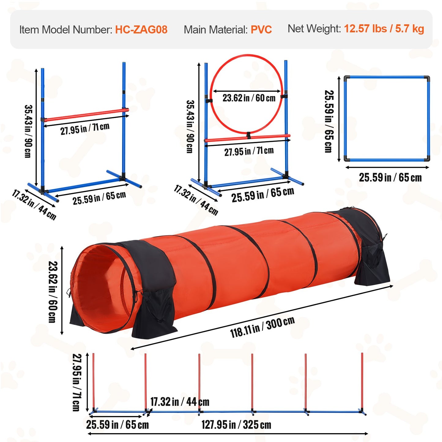Dog Agility Training Equipment, 5 PCS Set Upgrade with Adjustable High Hurdles,6 Weave Poles,Extended Tunnel,Jump Ring,Pause Box,Whistle,Foldable Bowl,Puppy Obstacle Course Kit with Storage Bag