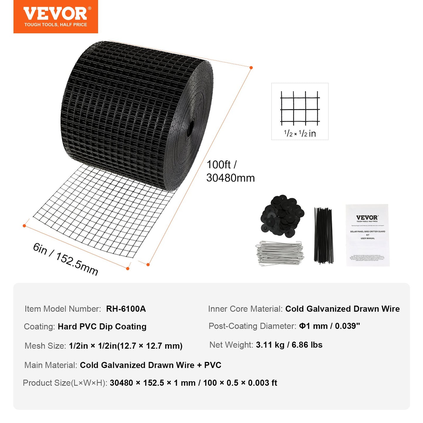 6 inch x 100ft Solar Panel Bird Guard, Critter Guard Roll Kit with 60pcs Aluminum Alloy Fasteners, Solar Panel Guard with Rust-proof PVC Coating, 1/2 inch Wire Roll Mesh