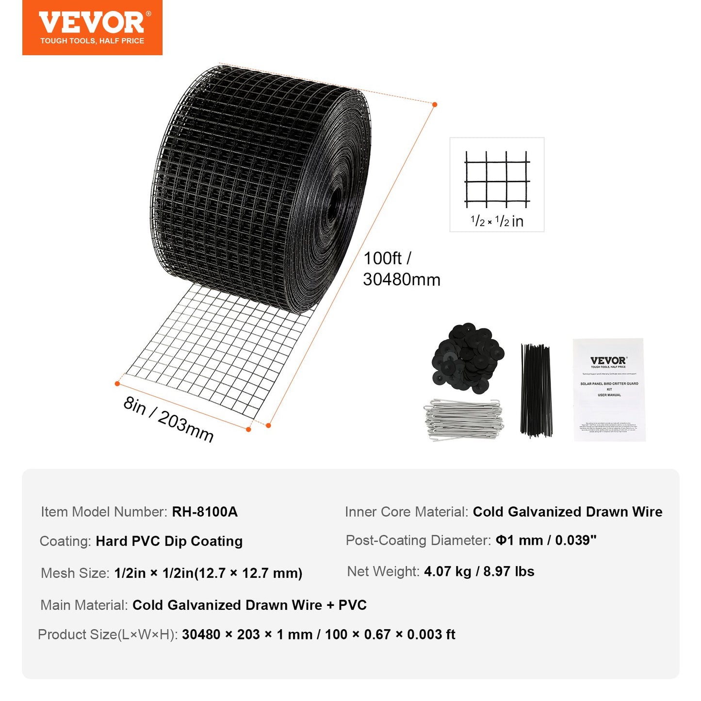 8 inch x 100ft Solar Panel Bird Guard, Critter Guard Roll Kit with 70pcs Aluminum Alloy Fasteners, Solar Panel Guard with Rust-proof PVC Coating, 1/2 inch Wire Roll Mesh
