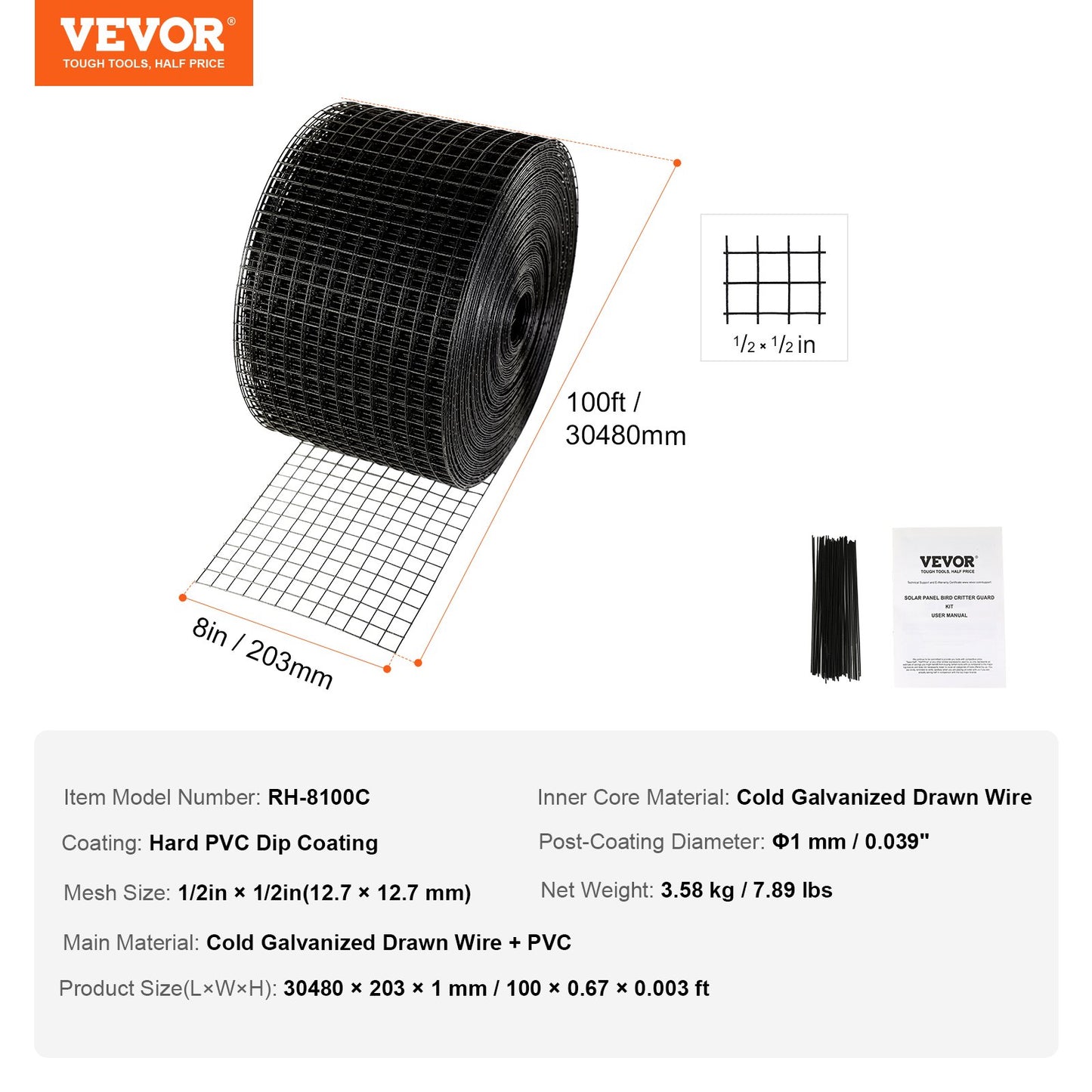 8 inch x 100ft Solar Panel Bird Guard, Critter Guard Roll Kit with Rust-proof PVC Coating, Solar Panel Guard with 50pcs Tire Wires, 1/2 inch Wire Roll Mesh