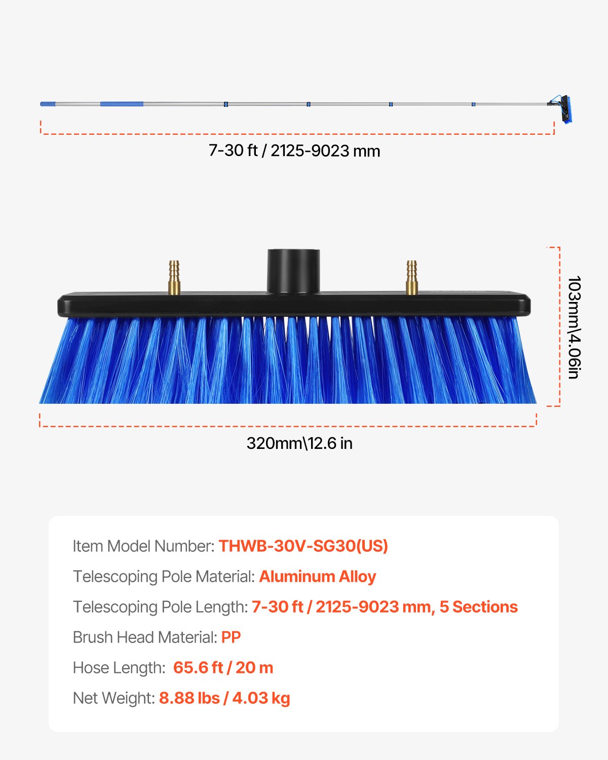 Water Fed Pole Kit, 30FT Solar Panel Cleaning Pole with Extendable Handle, 180° Rotatable Brush Head & 65.6FT Hose, Household & Outdoor Window Cleaner Tool for Caravan Solar Panel Deck