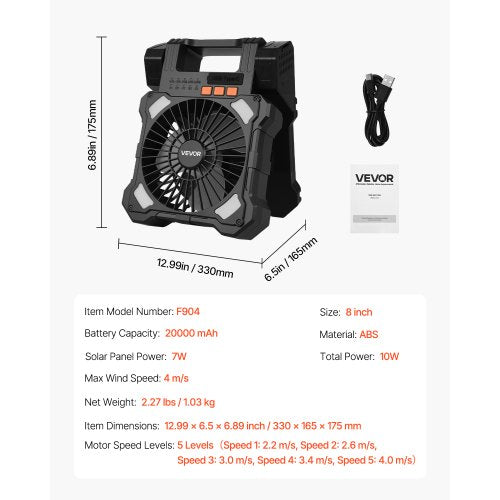 20000mAh uppladdningsbar solfläkt med LED-lykta, 20 cm bärbar fläkt sladdlös med 7W hopfällbar solpanel, 5 hastigheter & timer & tyst, USB-batteridriven för campingtält arbetsplats kontorsskrivbord | EU