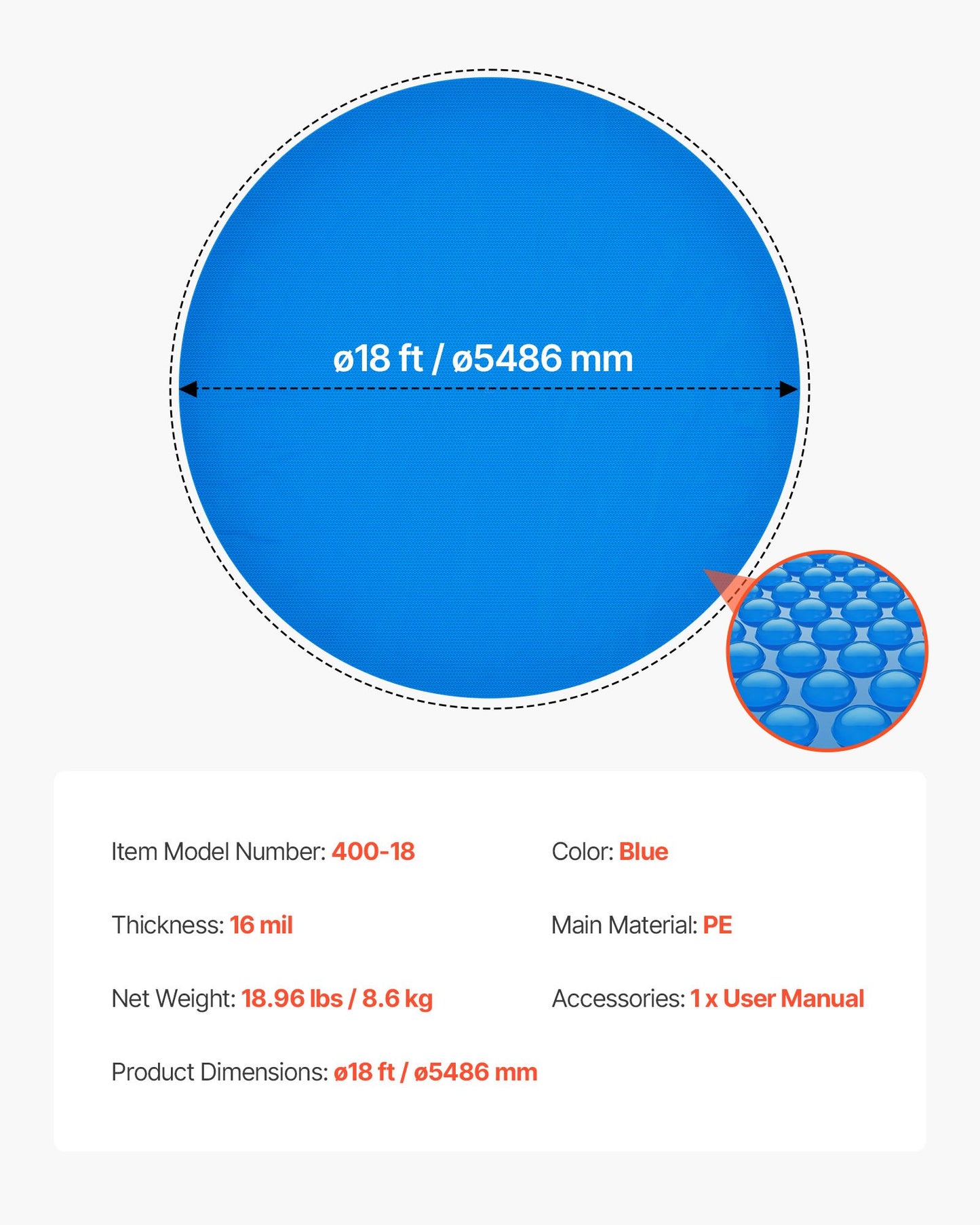 Solar Pool Cover, 18 ft Round Pool Bubble Cover, 16 Mil Pools Solar Blanket with Bubble & PE Material, Daytime Heat Absorption, Nighttime Heat Retention, Heat Retaining Solars Covers, Blue