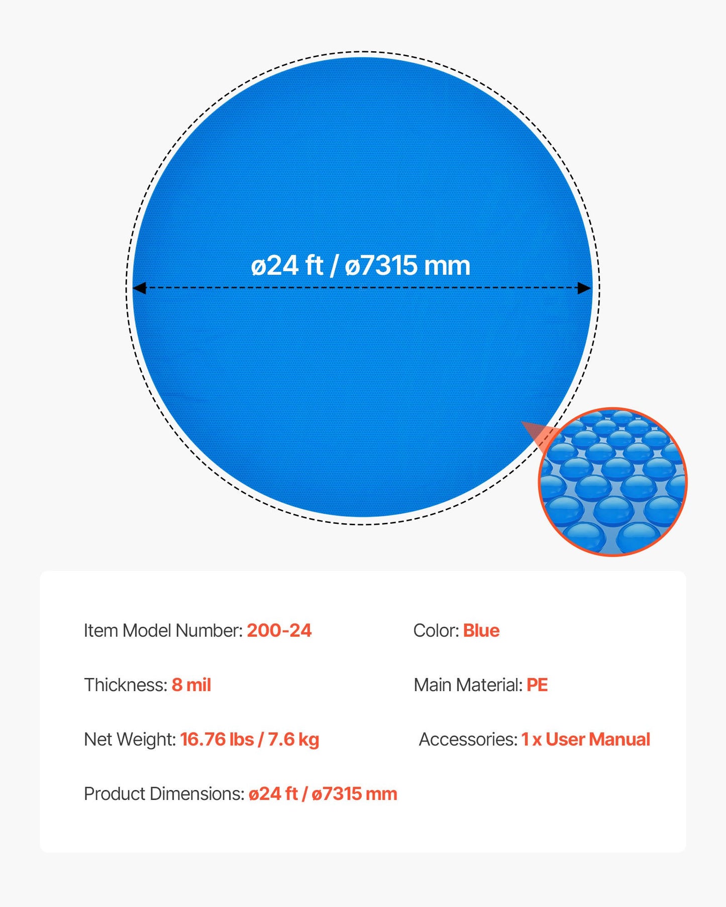 Solar Pool Cover, 24 ft Round Pool Bubble Cover, 8 Mil Pools Solar Blanket with Bubble & PE Material, Daytime Heat Absorption, Nighttime Heat Retention, Heat Retaining Solars Covers, Blue