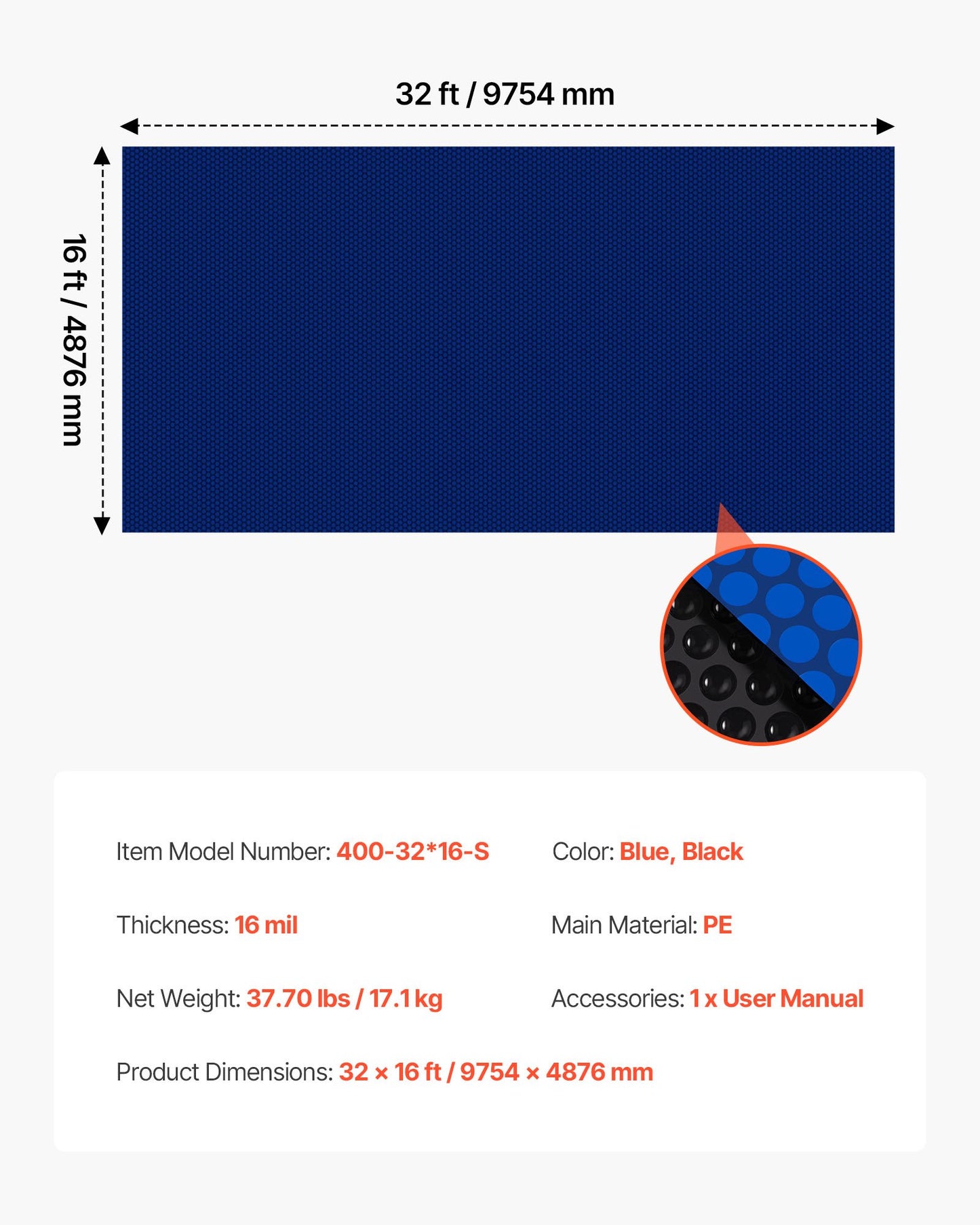 Solar Pool Cover, 32 x 16 ft Pool Bubble Cover, 16 Mil Pools Solar Blanket with Dual Heat-Locking Air Layer for Pools, Daytime Heat Absorption, Nighttime Heat Retention, Blue & Silver, Cuttable