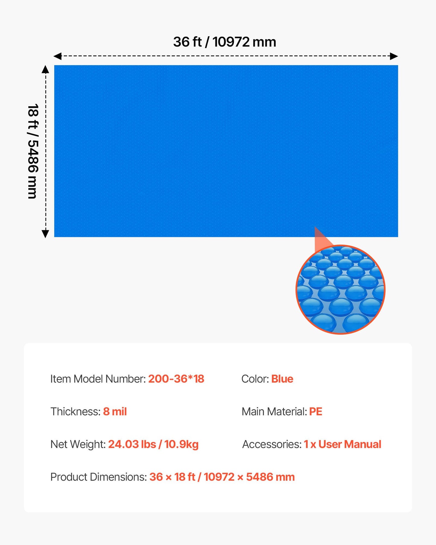 Solar Pool Cover, 36 x 18 ft Rectangle Pool Bubble Cover, 8 Mil Pools Solar Blanket with Bubble & PE Material, Daytime Heat Absorption, Nighttime Heat Retention, Heat Retaining Solars Covers, Blue