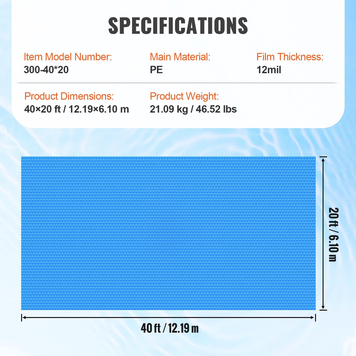Solar Pool Cover, 40 x 20 ft Rectangle Solar Blanket for Pools, Inground Above Ground Swimming Pool Solar Cover, 12 mil Solar Covers Blue
