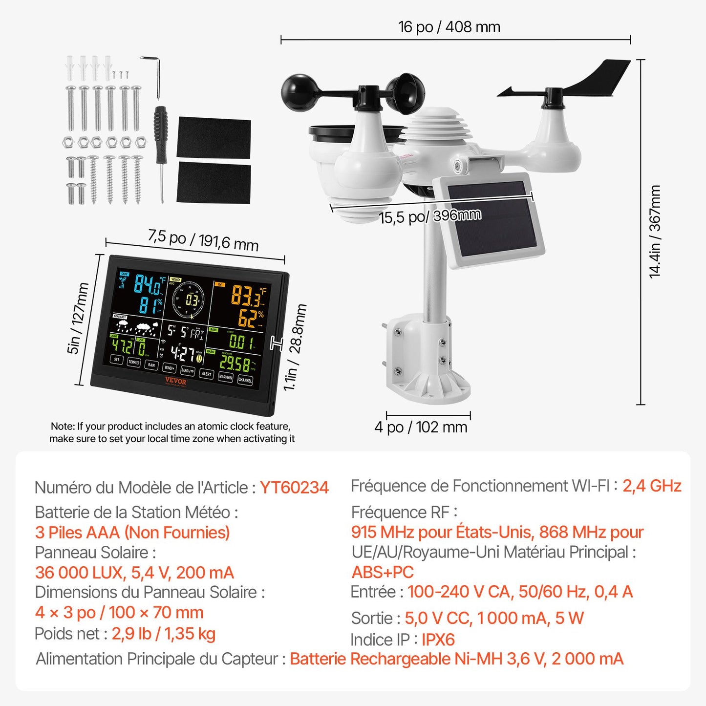 7-in-1 Wi-Fi Weather Station, 7.5 in Color Display, Home Weather Station Indoor Outdoor, with Solar Wireless Outdoor Sensor Alarm Alerts, for Temperature Humidity Wind Speed/Direction Rain