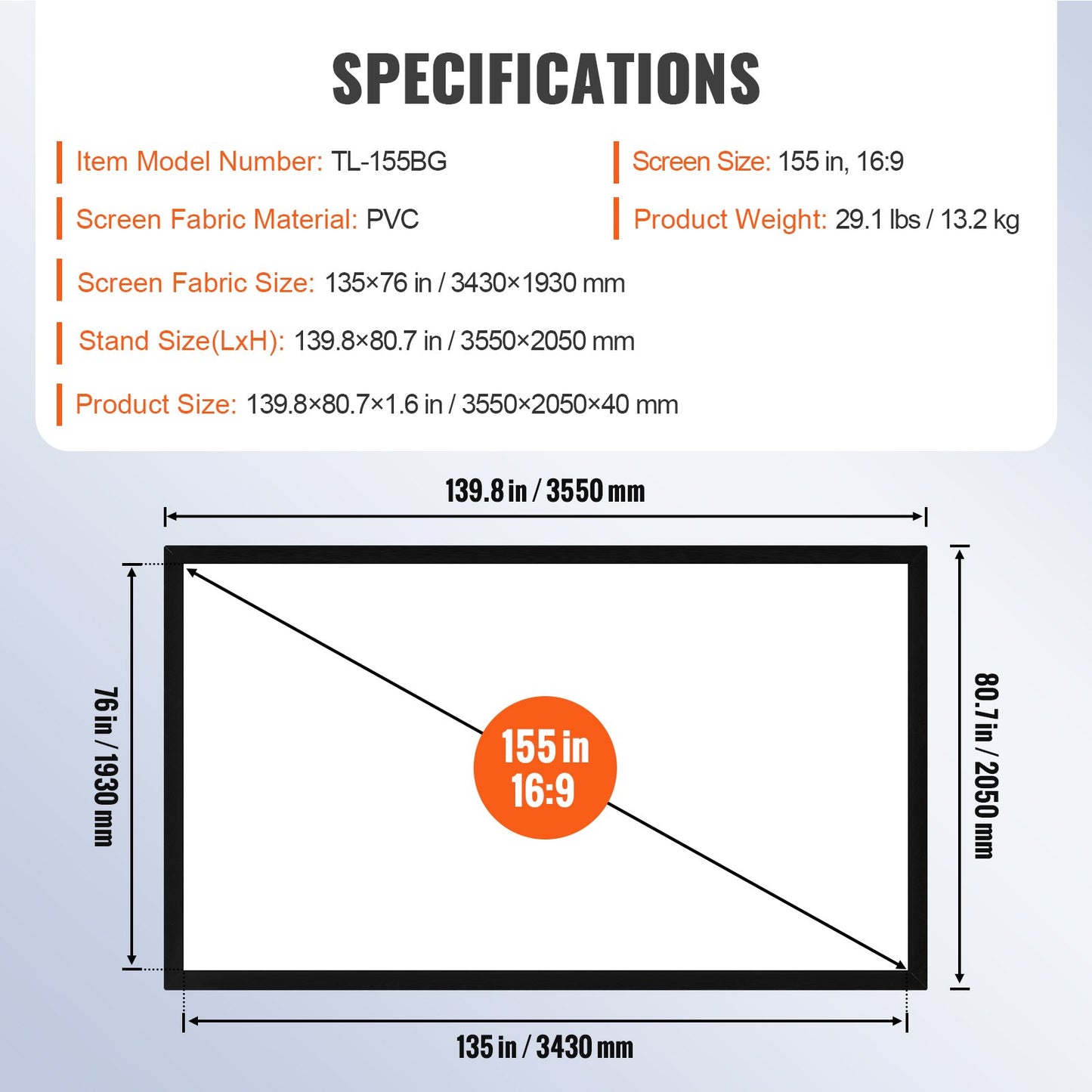 Big 155" Diagonal 16:9 HD Projector Screen Home Theater Outdoor Use