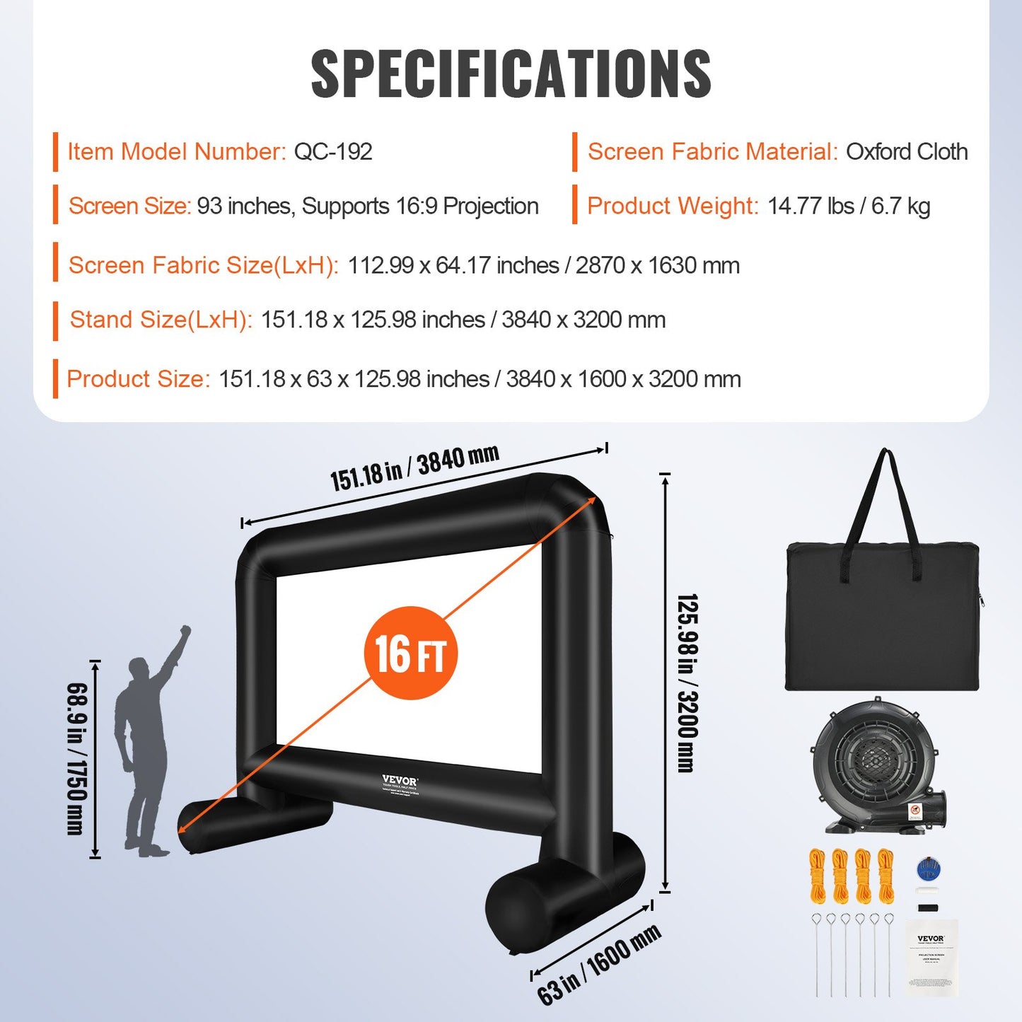 Inflatable Movie Screen, 16 FT(192inch) Inflatable Projector Screen for Outside with Blower and Carrying Bag, Front/Rear Projection, Oxford Fabric Blow Up Screen for Outdoor Parties Backyard Movie Night