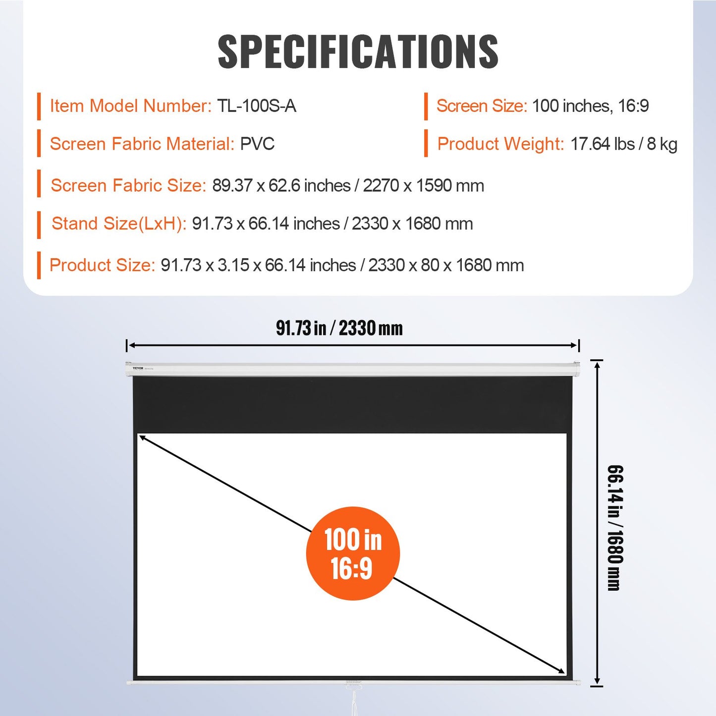Manual Projector Screen, 100 inch 16:9 4K 1080 HD Retractable Pull Down Projector Screen, Auto-Locking Portable Movie Screen for Family Home Office Theater