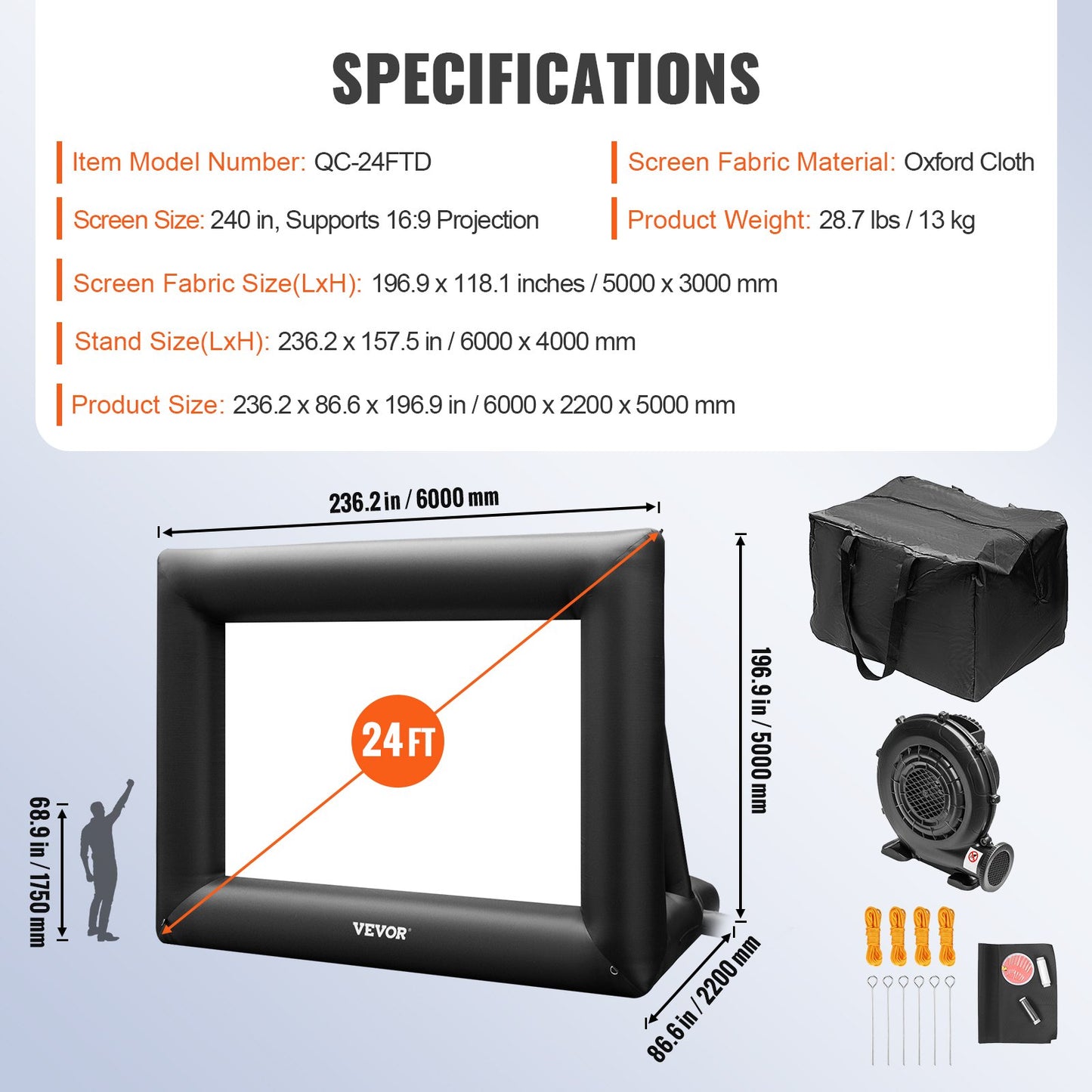 Inflatable Movie Screen 24FT Inflatable Projector Screen for outside with 360W Air Blower Inflatable Screen Oxford Fabric Material Blow Up Screen for Outdoor Movie Supports Front/Rear Projection