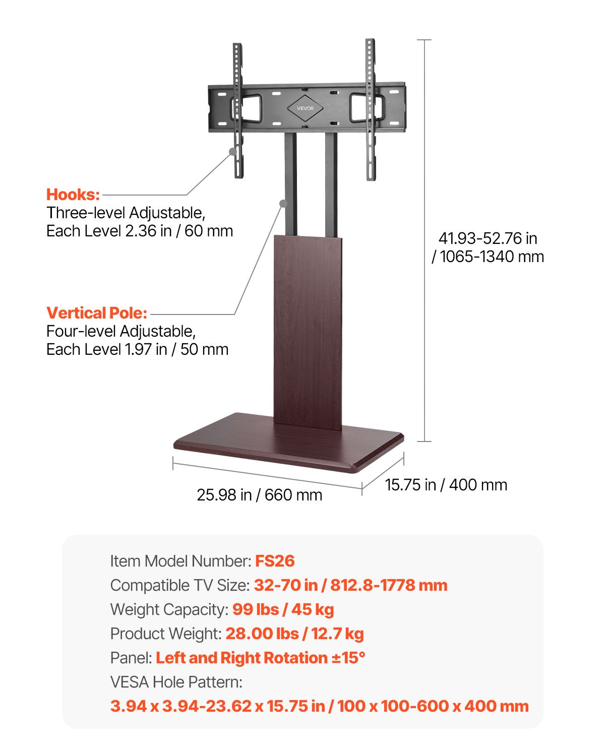 Universal TV Stand, Table Top TV Stand for 32-70 inch Screens, Swivel and Height Adjustable TV Mount Stand Holds up to 99 lbs with Power Strip, for Living Room, Bedroom, MAX VESA 600 x 400 mm