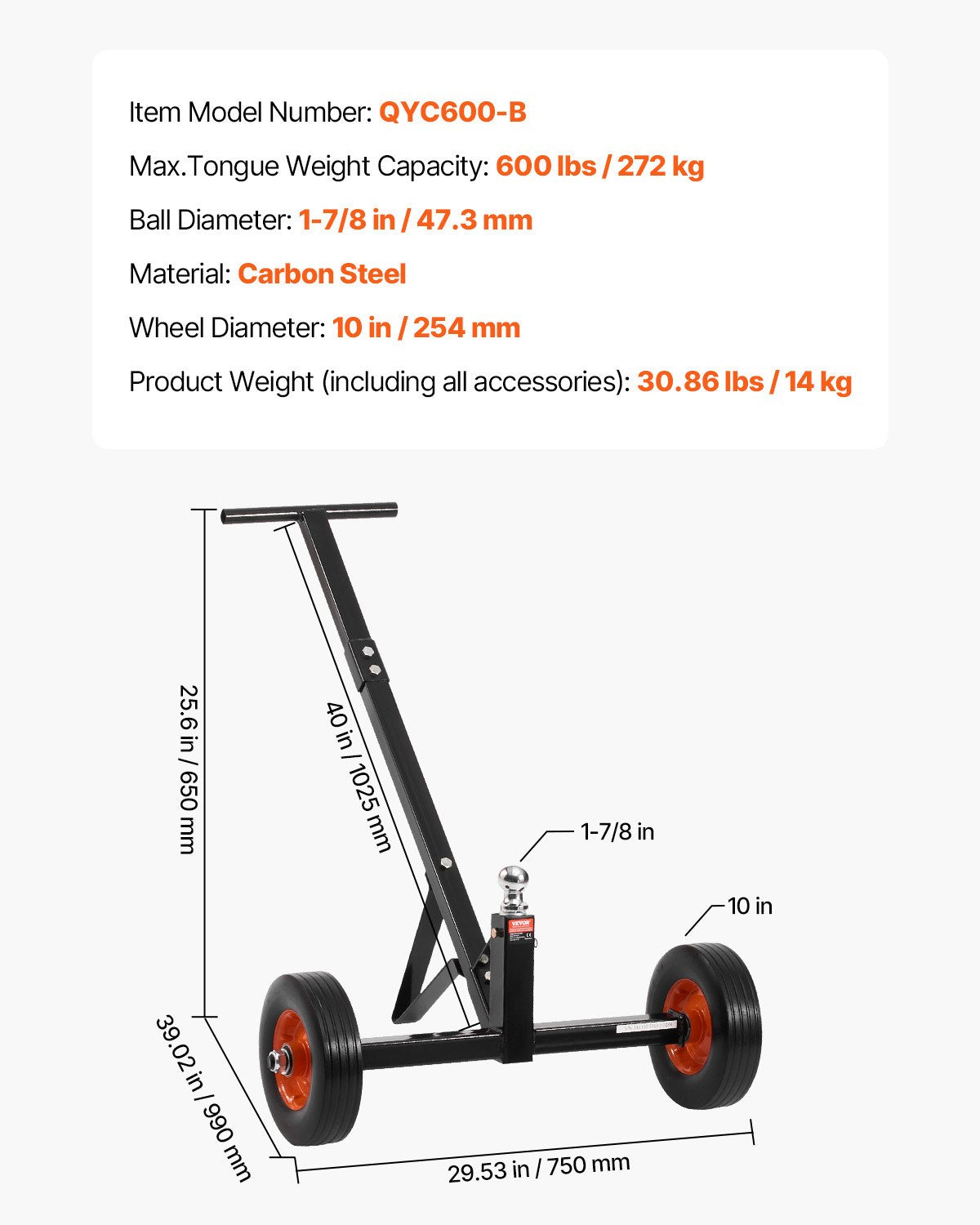 Heavy-Duty Trailer Dolly, 600lbs Tongue Weight Capacity, Carbon Steel Trailer Mover with 1-7/8 in Hitch Ball and 10 in Solid Tires, Portable Tow Dolly for Moving Car RV Boat Trailer