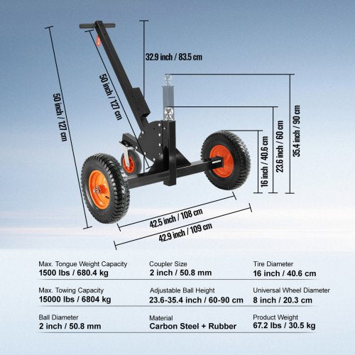Adjustable Trailer Dolly, 1500lbs Heavy Duty Capacity, 2 in 1 Trailer Mover with 23.6''-35.4'' Adjustable Height & 2'' Ball, 16'' Pneumatic Tires and Universal Wheels, for RV Trailer Moving Car | EU
