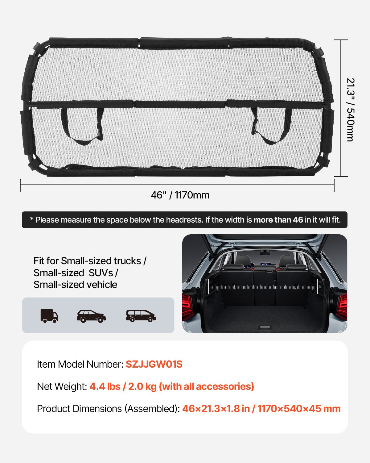 Dog Car Barrier, 46" Wide Car Divider for Cargo Area, Vehicle Pet Barrier with See Through Net Mesh, Universal-Fit Dog Car Barrier for Small-Sized SUVs, Trucks and Vehicle, Black