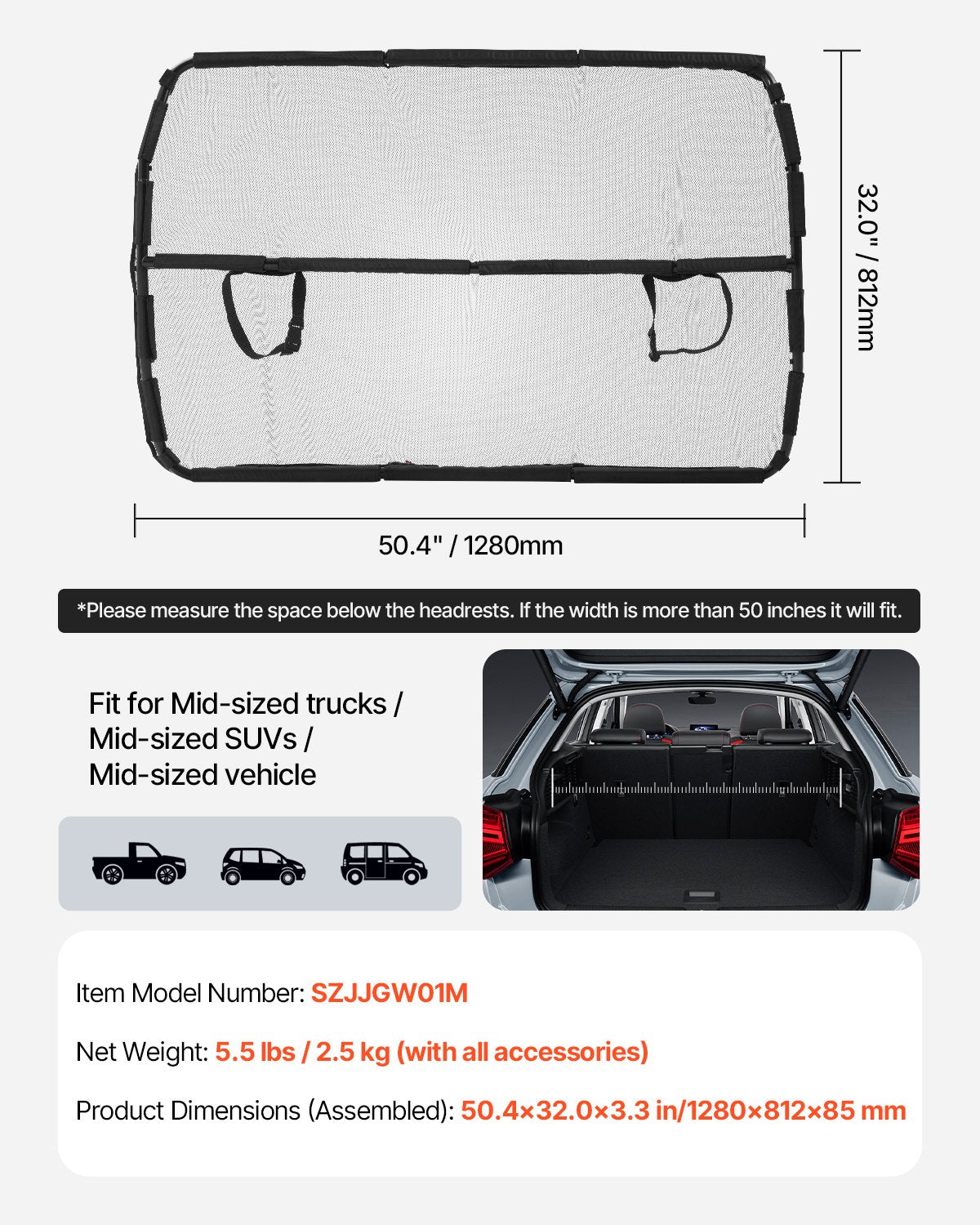 Dog Car Barrier, 50" Wide Car Divider for Front Seats Installation, Vehicle Pet Barrier with See Through Net Mesh, Universal-Fit Dog Car Barrier for Mid-sized Sedans, Trucks, and SUVs, Black