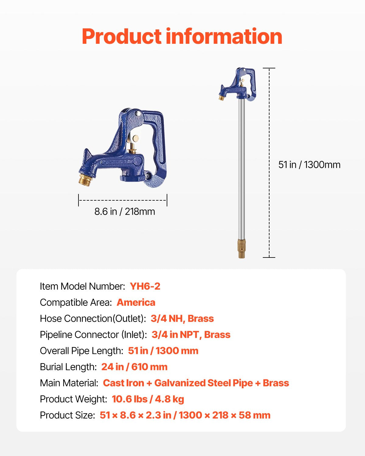 Frost Proof Yard Hydrant, 4.25 FT Freeze-Proof Outdoor Faucet with 24" Bury Dept, 3/4" NPT Pipe Connection & 3/4" NH Hose Coupling, Heavy-Duty Cast Iron Hydrant for Yard, Garden, Farm Irrigation