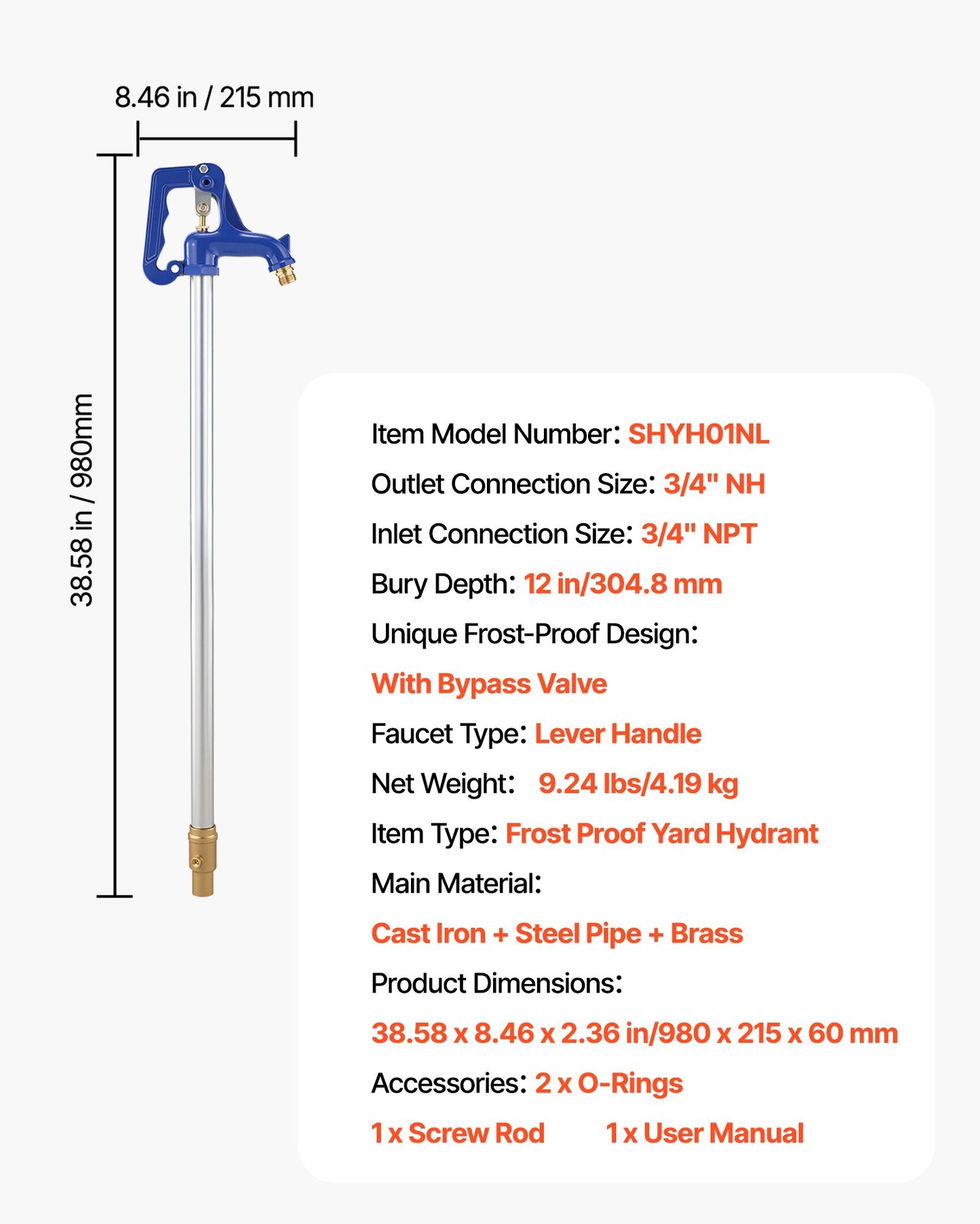 Frost Proof Yard Hydrant, 3.22FT Freeze-Proof Outdoor Faucet with 12" Bury Depth, 3/4" NPT Pipe Connection & 3/4" NH Hose Coupling, No Lead Freezeless Hydrant for Yard Garden Farm Irrigation