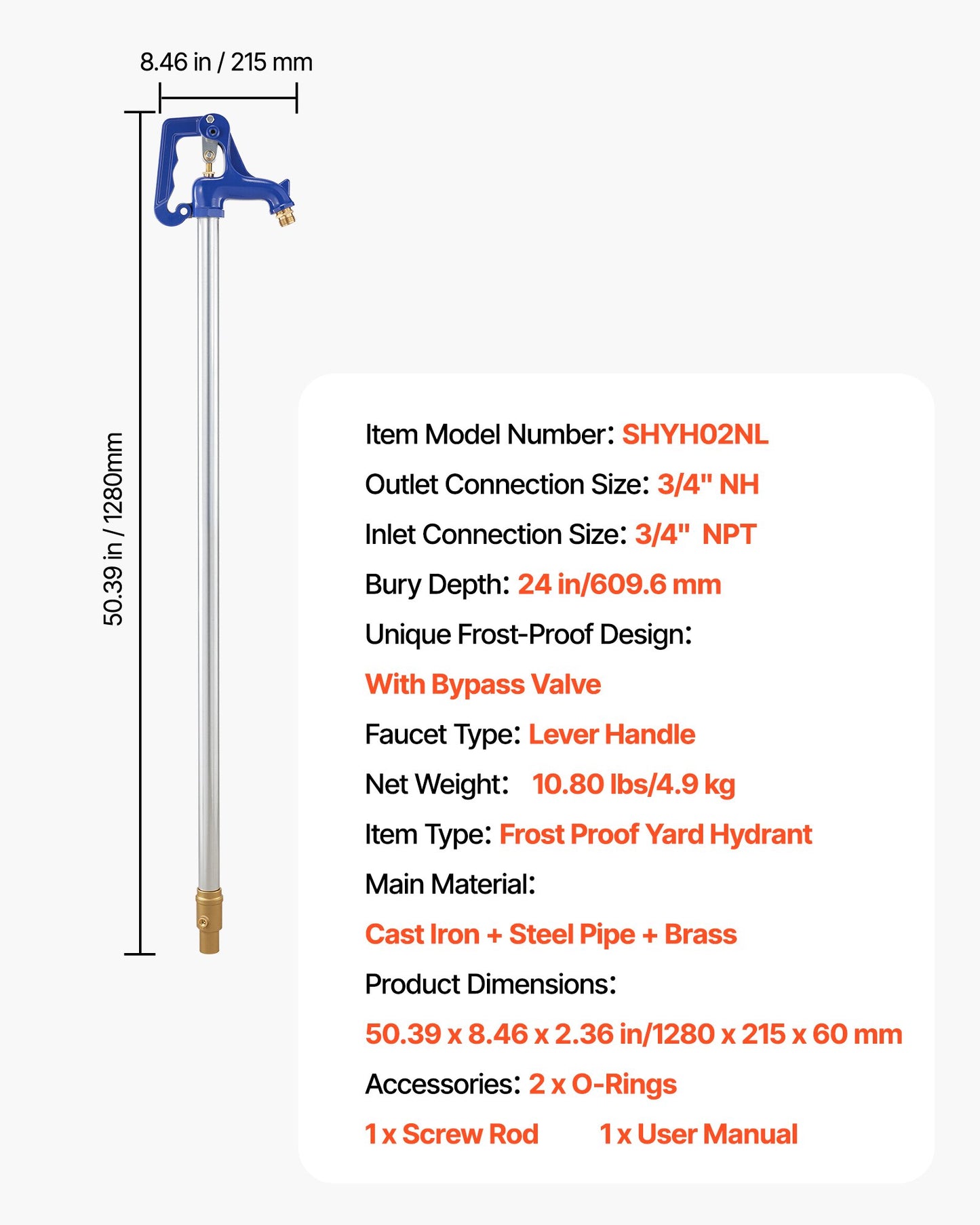 Frost Proof Yard Hydrant, 4.2FT Freeze-Proof Outdoor Faucet with 24" Bury Depth, 3/4" NPT Pipe Connection & 3/4" NH Hose Coupling, No Lead Freezeless Hydrant for Yard Garden Farm Irrigation