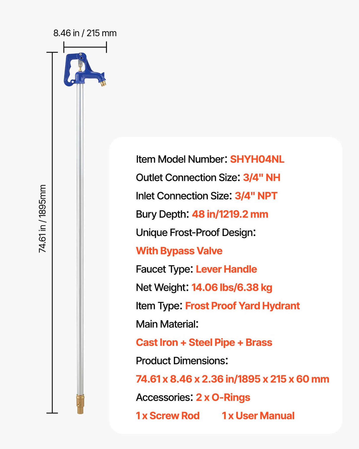 Frost Proof Yard Hydrant, 6.22FT Freeze-Proof Outdoor Faucet with 48" Bury Depth, 3/4" NPT Pipe Connection & 3/4" NH Hose Coupling, No Lead Freezeless Hydrant for Yard Garden Farm Irrigation