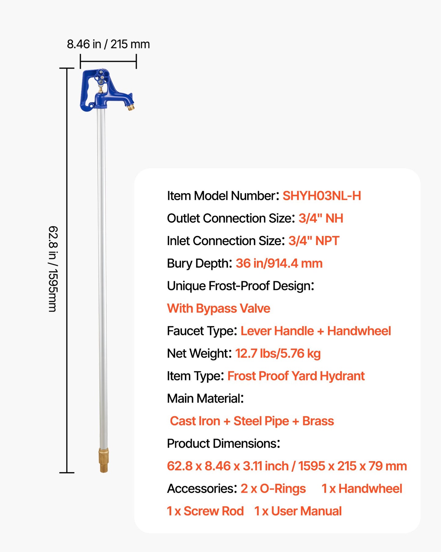 Frost Proof Yard Hydrant, 5.24FT Freeze-Proof Outdoor Faucet with 36" Bury Depth, 3/4" NPT Pipe Connection, Lever Handle + Handwheel, No Lead Freezeless Hydrant for Yard Garden Farm Irrigation