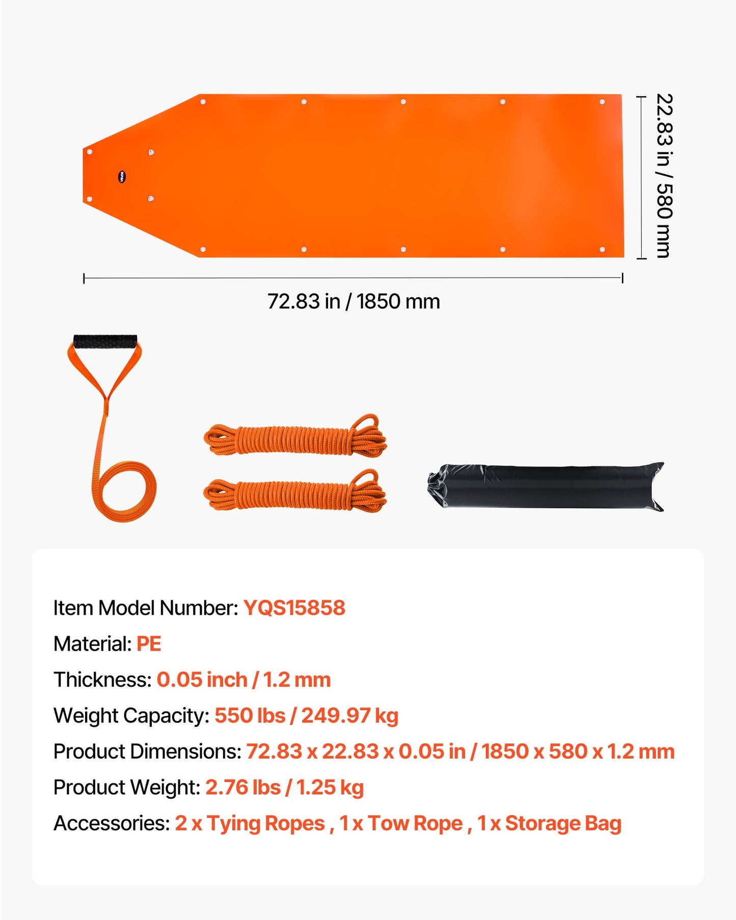 Deer Drag Sled, 72.8 x 22.8 in, 550lbs Heavy Duty Yard Utility Sled, Tear-Resistant PE Drag Glider Mat with Ropes & Handle, Thickened Game Hauler for Firewood Ice Fishing Hauling Hunting