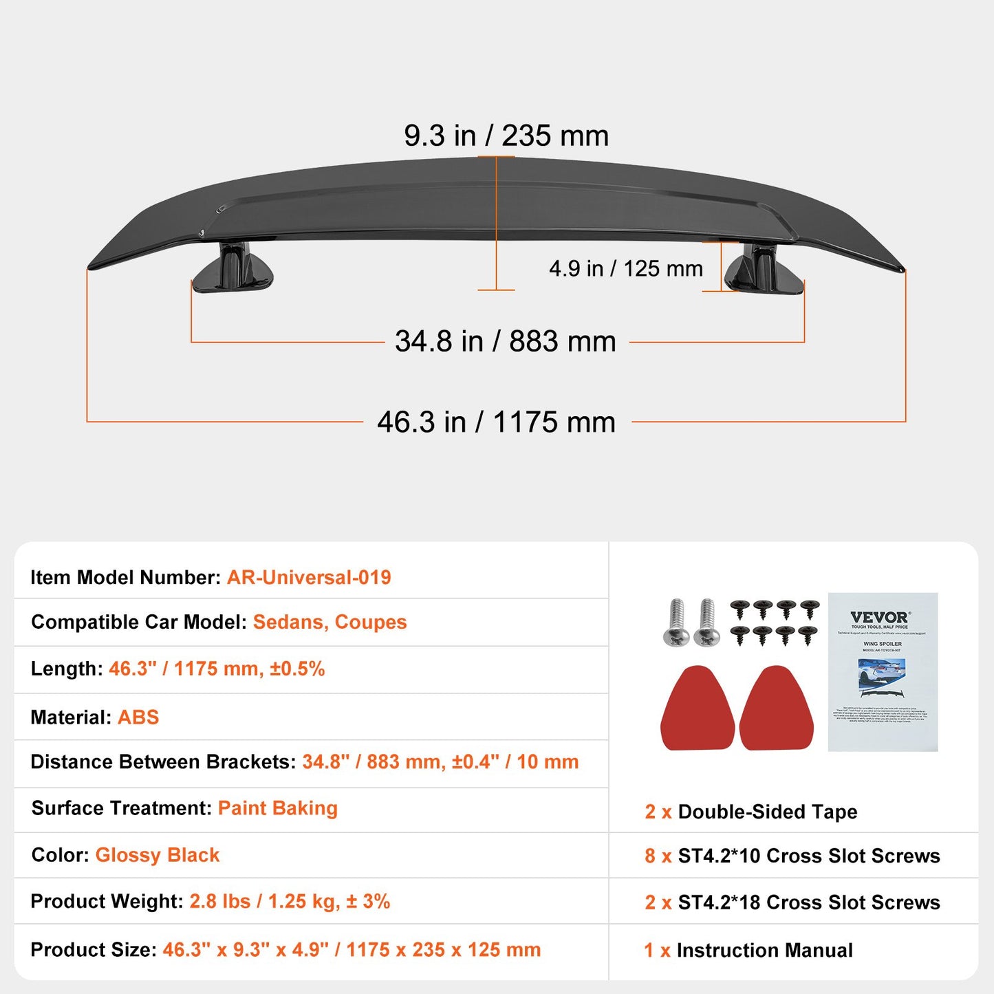 GT Wing Car Spoiler, 46.3 inch Universal Spoiler, Compatible with most Sedans and Coupes, High Strength ABS Material, Car Rear Spoiler Wing, Racing Spoiler BGW/JDM Drift Glossy Black