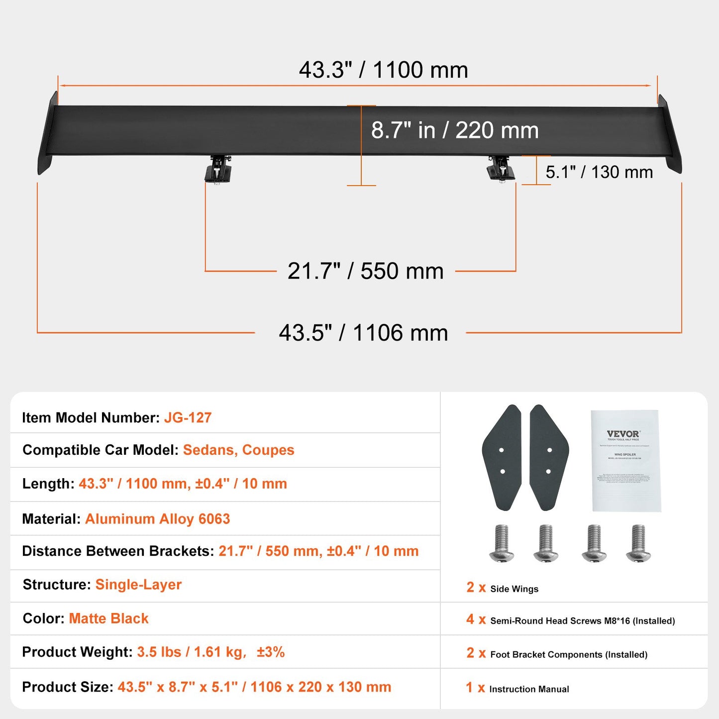 GT Wing Car Spoiler, 43.3 inch Universal Spoiler with Single Deck, Adjustable Lightweight Aluminum, Car Rear Spoiler Wing, Racing Spoiler BGW/JDM Drift Black