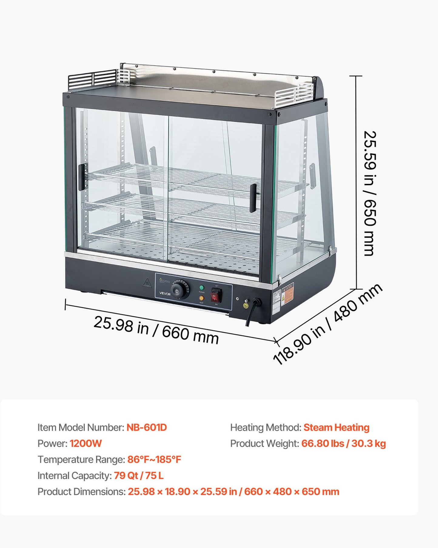 3-Tier Commercial Food Warmer Display, 1200W Food Display Warmer with LED Light, Top Storage and Adjustable Shelves, 86℉~185℉ Steam Heating, 75L for Hamburger, Pizza, Bread, Fried Chicken