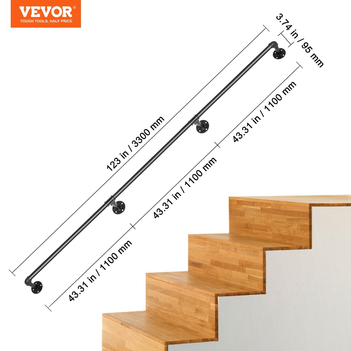 Pipe Stair Handrail, 11FT Staircase Handrail, 440LBS Load Capacity Carbon Steel Pipe Handrail, Industrial Pipe Handrail with Wall Mount Support, Round Corner Wall Handrailing for Indoor, Outdoor