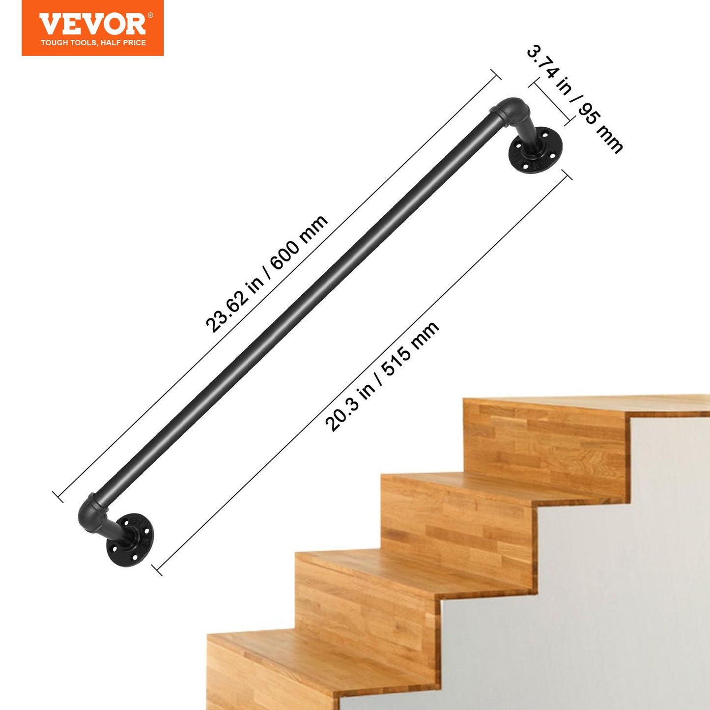 Pipe Stair Handrail, 2FT Staircase Handrail, 440LBS Load Capacity Carbon Steel Pipe Handrail, Industrial Pipe Handrail with Wall Mount Support, Round Corner Wall Handrailings for Indoor, Outdoor