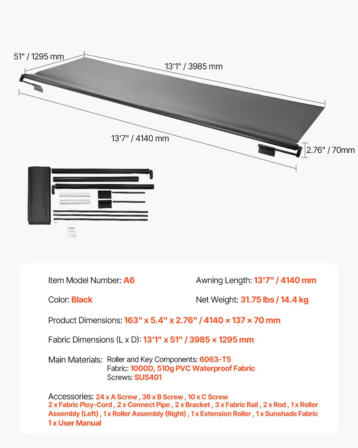 Camper Awning Fabric Replacement, 1" to 13', Weatherproof Durable Slide Topper Awning with Bracket, Heavy Duty Slide Topper Awning with Stainless Steel Material, Fit for RV & Motorhome(Black)
