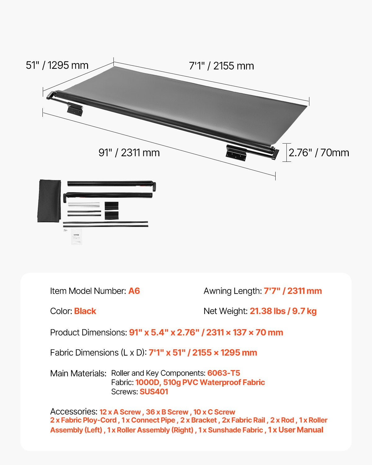 Camper Awning Fabric Replacement, 1" to 7', Weatherproof Durable Slide Topper Awning with Bracket, Heavy Duty Slide Topper Awning with Stainless Steel Material, Fit for RV & Motorhome(Black)