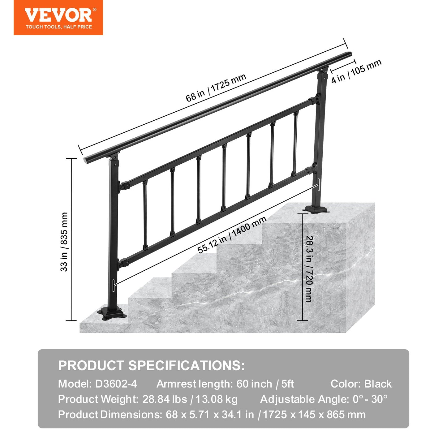 Outdoor Stair Railing, Fits for 1-5 Steps Transitional Wrought Iron Handrail, Adjustable Exterior Stair Railing with Fence, Handrails for Concrete Steps with Installation Kit, Matte Black