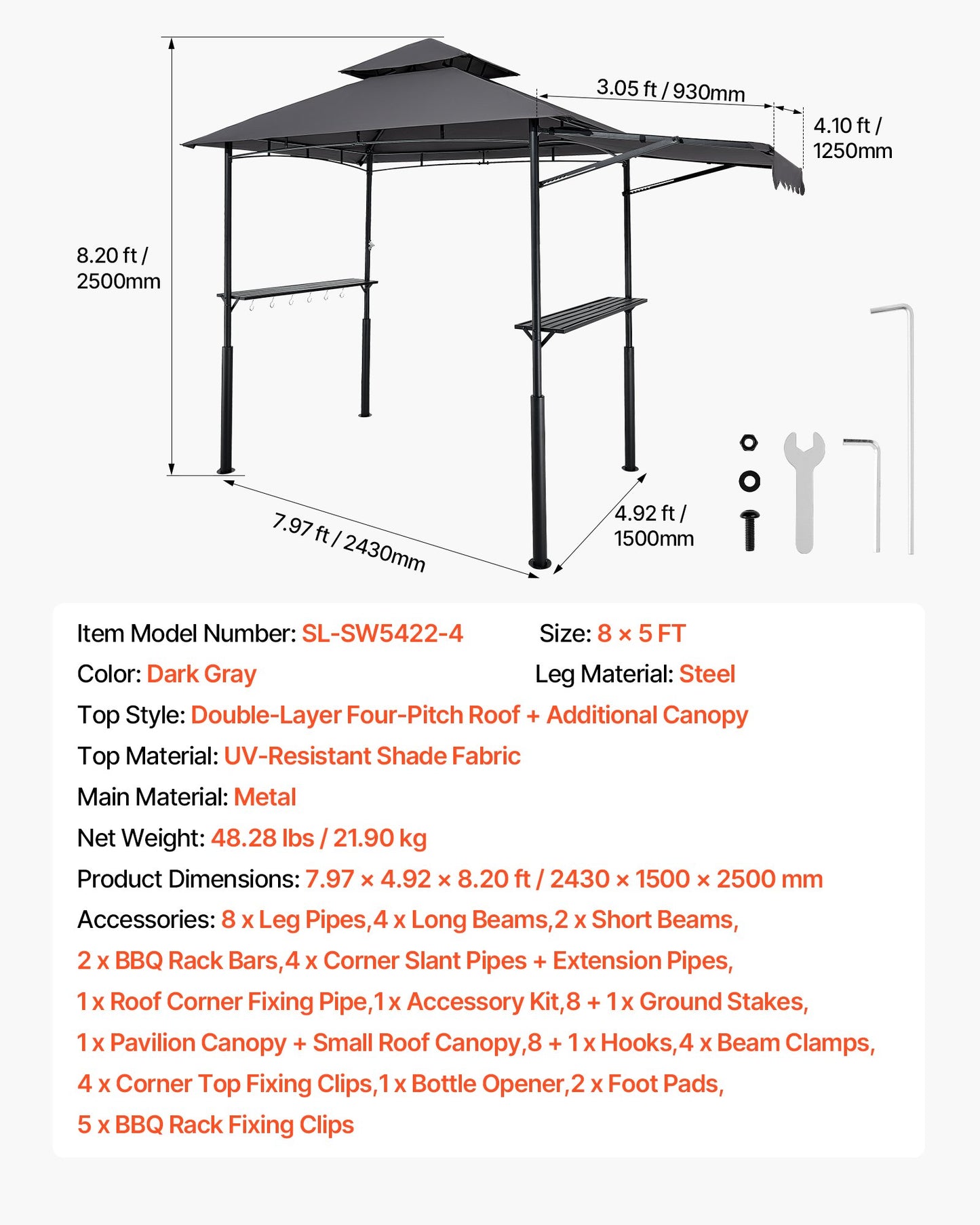 Grill Gazebo, 8 x 5 ft Double-Tiered Top, BBQ Gazebo with Extra Awning, Powder-Coated Steel Patio Grill Shelter with 2 Side Shelves, Bottle Opener & Hooks, Outdoor Grilling Canopy for Garden