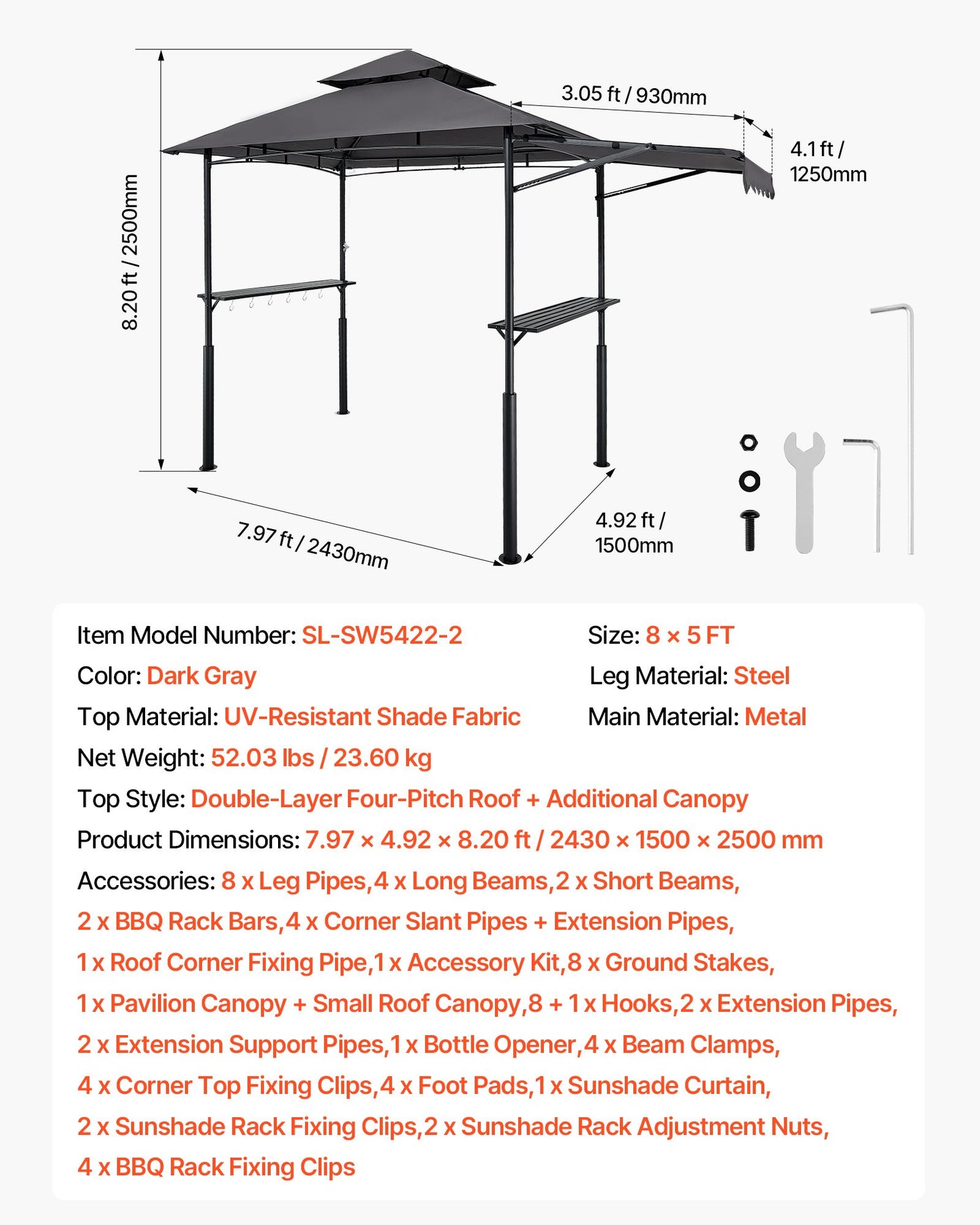 Grill Gazebo, 8 x 5 ft Double-Tiered Top, Reinforced BBQ Gazebo with Extra Awning, Powder-Coated Steel Patio Grill Shelter with 2 Side Shelves & Hooks, Outdoor Grilling Canopy for Garden