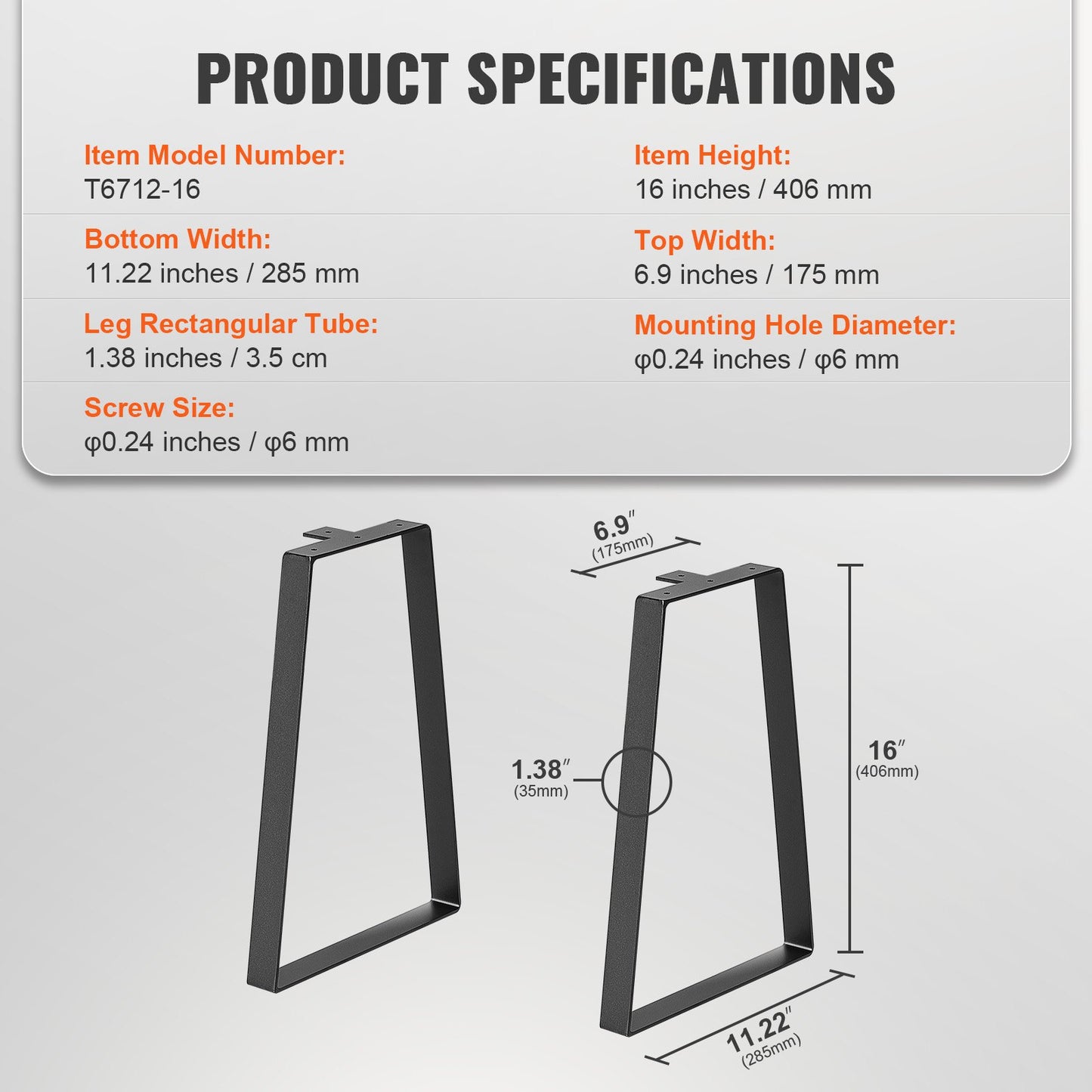 16 inch Trapezoid Steel Table Legs, Replacement Furniture Legs Set of 2 for DIY Coffee Tables, Modern Desks, Bench, Night Stands, Sofa, Max Load 400 lbs Heavy Duty, Quick Instalation Legs Black