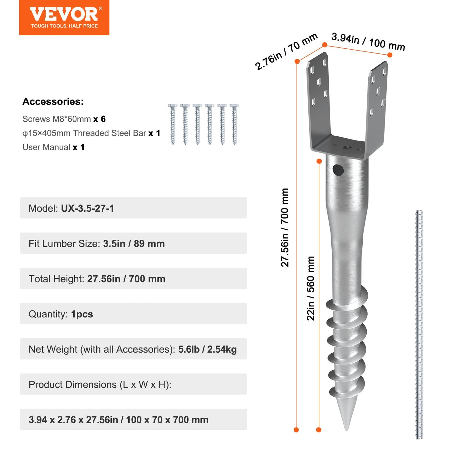 No Dig Ground Anchor, 1 Pack 3.94 x 2.76 x 27.56 in DIY Screw in Post Stake, Includes 6 Lag Bolts & a Rebar, U-Shape Heavy Duty Steel Post Holder, Great for Mailbox Posts and Fence Posts