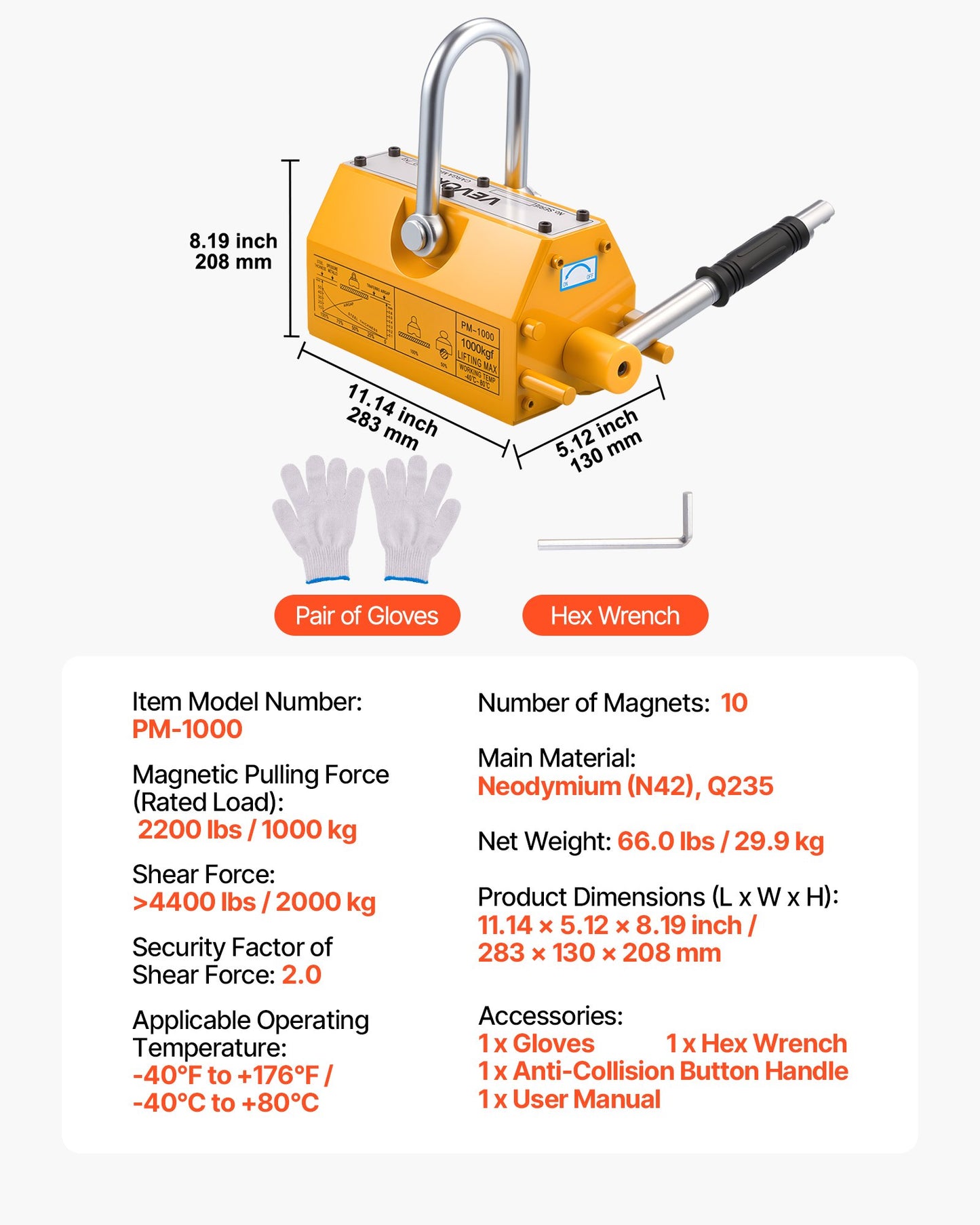 Permanent Magnetic Lifter, 2200 lbs Pulling Capacity, Heavy Duty N42 Neodymium Lifting Magnet with Release Handle and Steel Hook, Used in Shop Crane and Hoist, for Lifting Plate Steel, Board