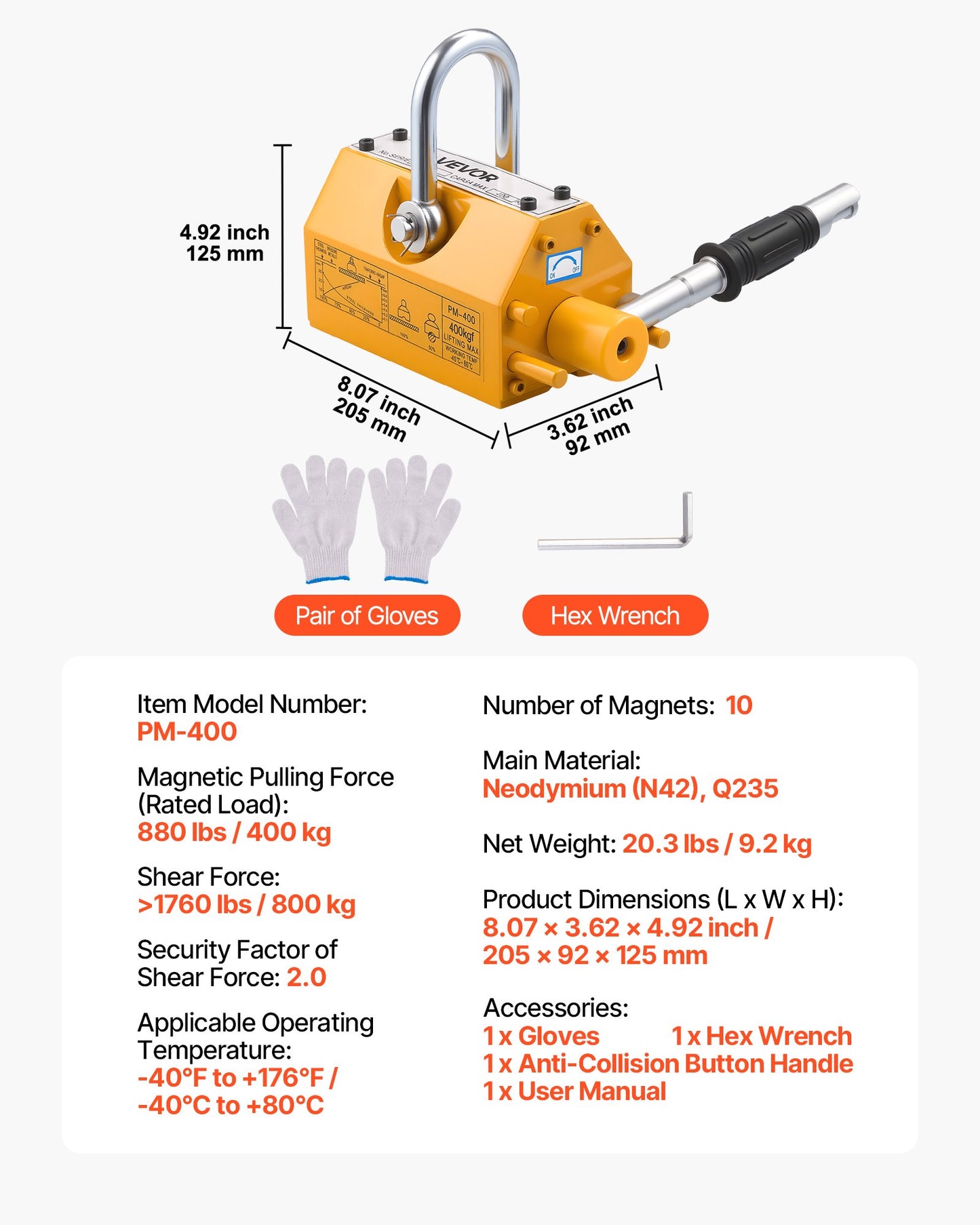 Permanent Magnetic Lifter, 880 lbs Pulling Capacity, Heavy Duty N42 Neodymium Lifting Magnet with Release Handle and Steel Hook, Used in Shop Crane and Hoist, for Lifting Plate Steel, Board