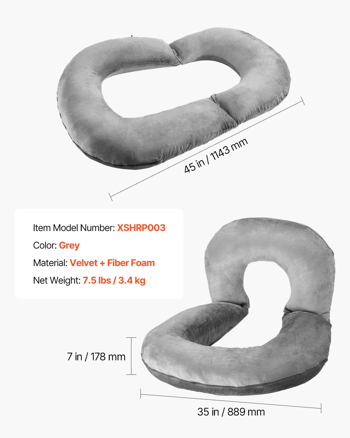 Reading Pillow, Large Size U-Shaped Sitting up Pillow, Washable Bed Pillow with Soft Velvet, Bed Rest Back Pillow, Ideal for Reading, Gaming, Resting, Working, Grey