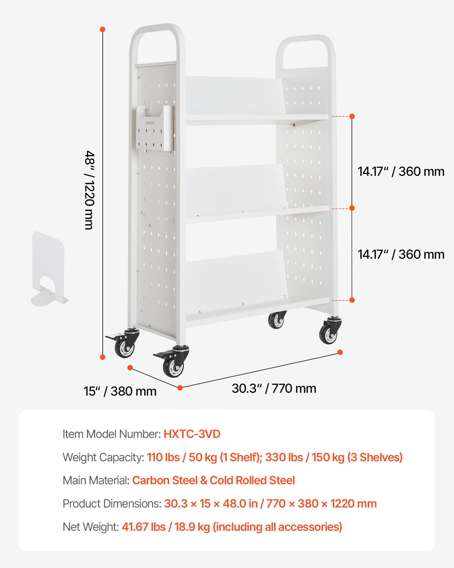 Rolling Library Book Cart, 330 lbs Capacity, 30.3 x 15 x 48.0-Inch Library Cart, Single Sided V-Shaped Shelves with 3-Inch Lockable Wheels, Book Truck for Home Shelves Office and School, White