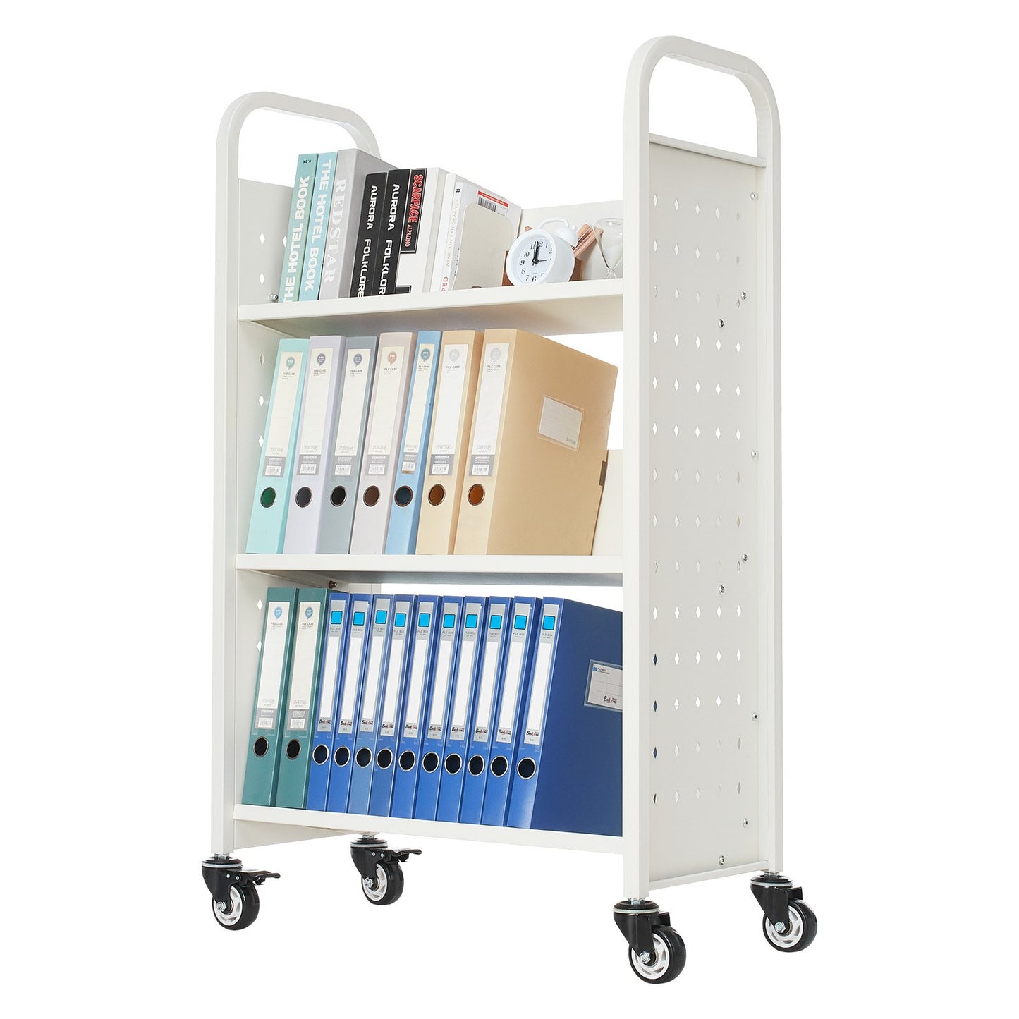 Rolling Library Book Cart, 330 lbs Capacity, 30.3 x 15 x 48.0-Inch Library Cart, Single Sided V-Shaped Shelves with 3-Inch Lockable Wheels, Book Truck for Home Shelves Office and School, White