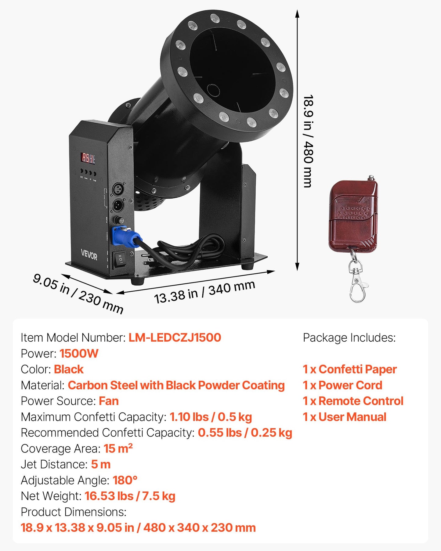 Electric Confetti Machine with LED Lights, 1500W Powerful Output Confetti Cannon Launcher, DMX512, Manual & Remote Control, Portable Confe-tti Shooter for Wedding Christmas Event Show Stage