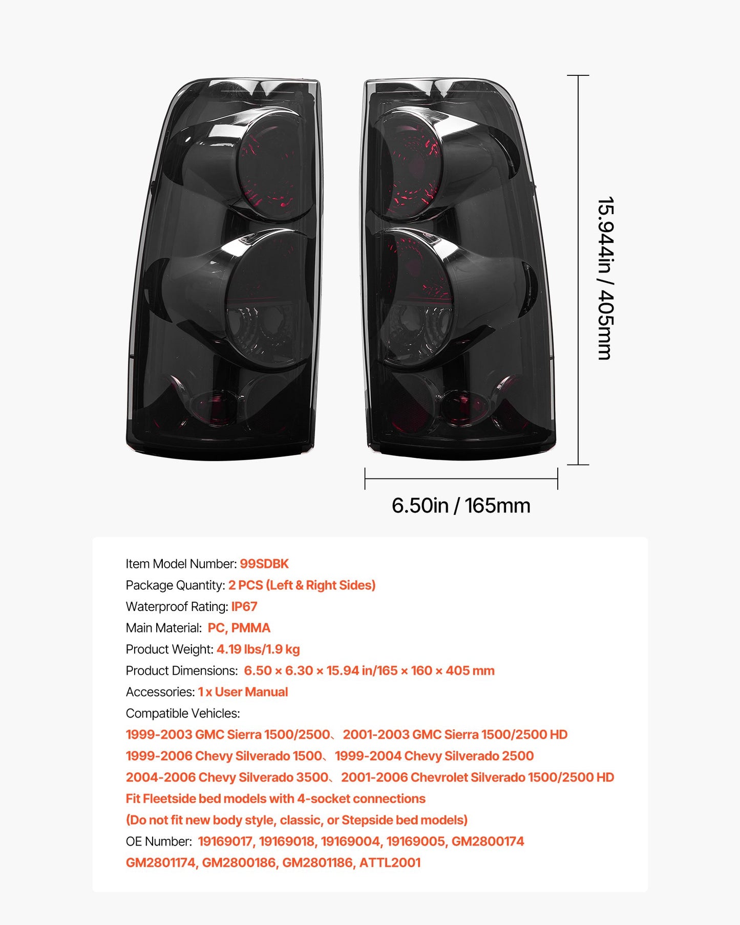 Tail Light Assembly Compatible with 1999-2006 Chevy Silverado 1500 2500 3500, 1999-2003 GMC Sierra 1500 2500 1500/2500 HD, 2PCS Left & Right Side Taillights Rear Brake Lamps without Bulbs
