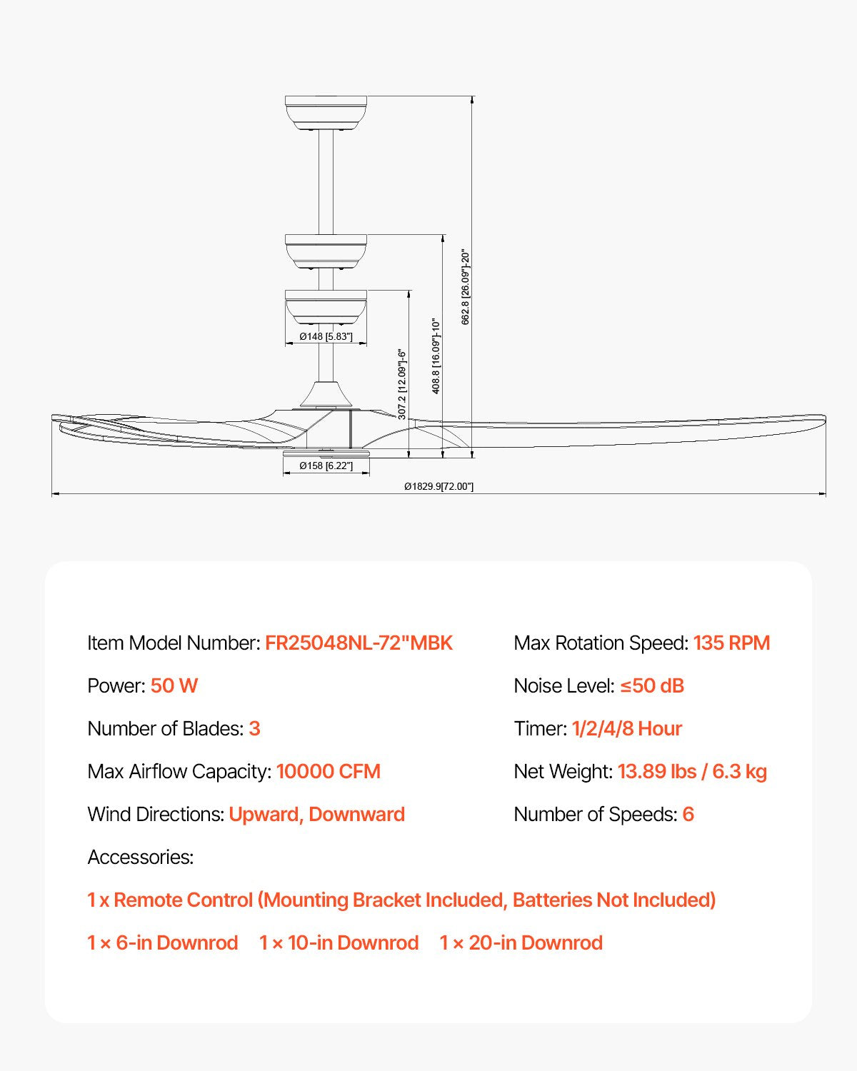 72 Inch Ceiling Fan without Light, 6-Speed Remote Control, 3-Wood-Blade, Reversible DC Motor, Modern Low Profile Flush Mount Exterior Fan for Bedroom, Living Room, Patio, Indoor/Outdoor, Black