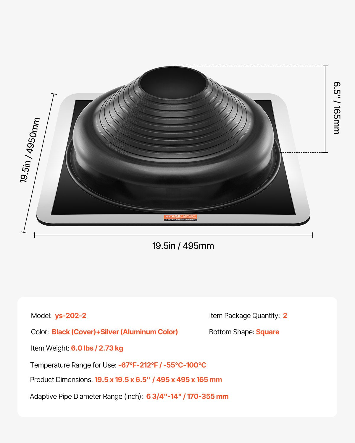 2 Pcs Roof Pipe Flashing Boots, Fit Pipe OD 6-3/4" to 14", Flexible EDPM Roofing Jack Pipe Flashing, High Temp -67℉ to 212℉, Endurable Metal Base, for Chimney, Wood Stove & Outdoor Vent Pipes