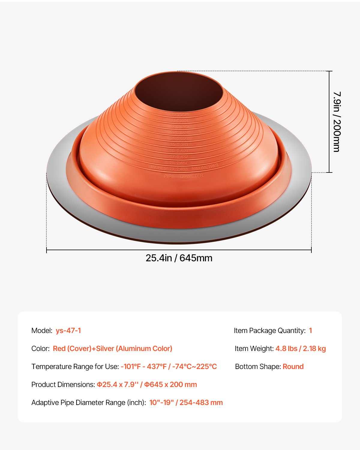 Roof Pipe Flashing Boot, Fit Pipe OD 10" to 19", Flexible Silicone Roofing Jack Pipe Flashing, High Temp -101℉ to 437℉, Lasting Round Red Metal Base, for Chimney, Wood Stove & Outdoor Vent Pipe