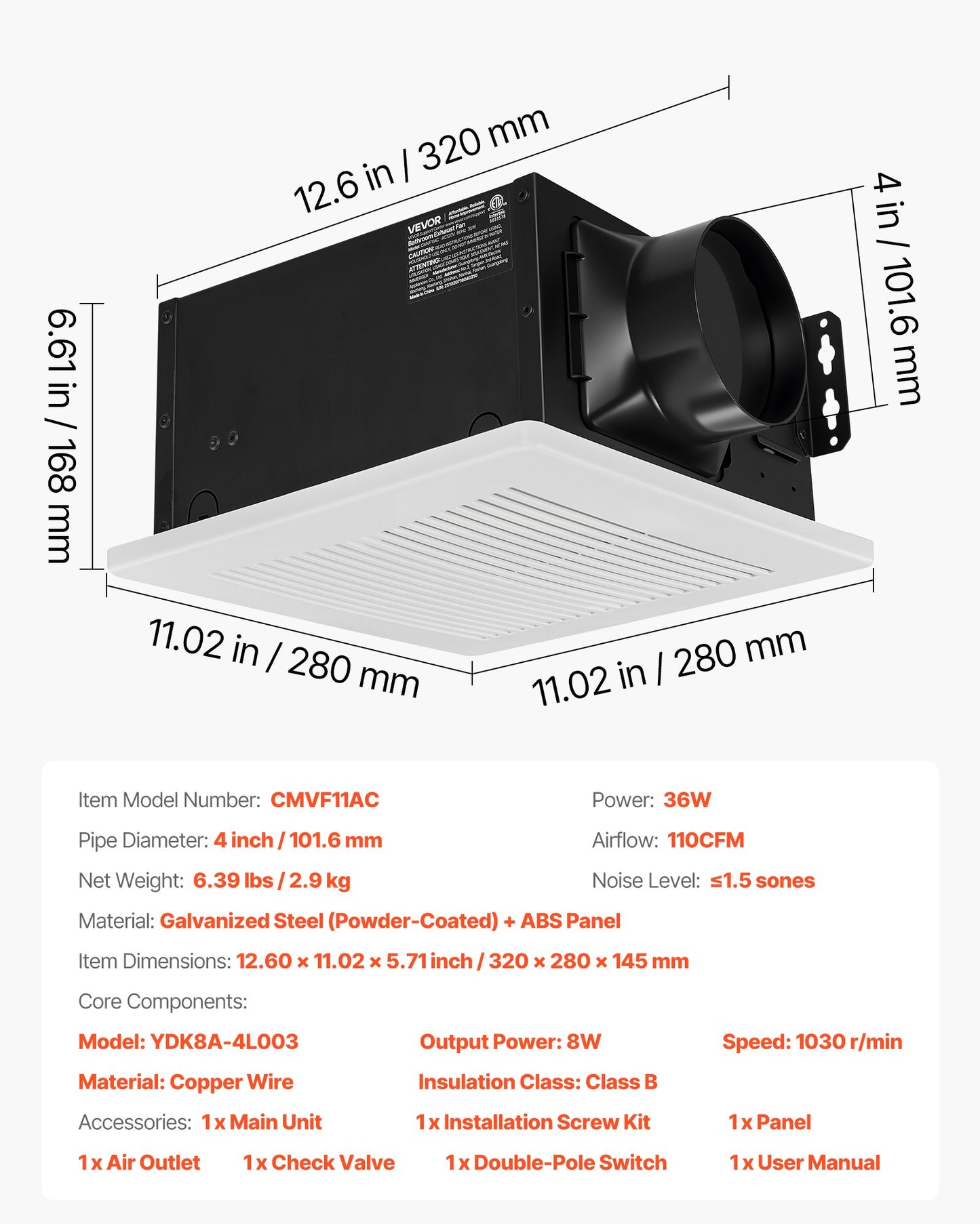 Bathroom Exhaust Fan, 110 CFM Bathroom Vent, 1.5 Sones Low-Noise, Premium Motor Ceiling Fan, Standard 4-inch Duct Interface for Laundry Room, Storage Room, Home Ventilation, White